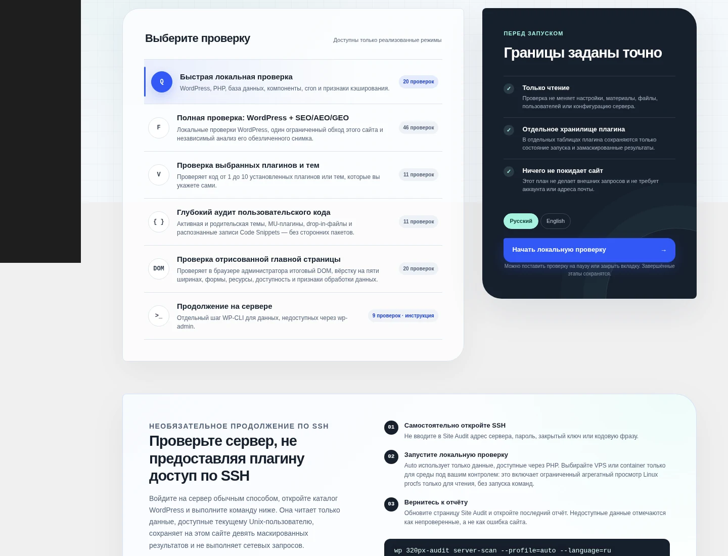 Инструкция серверной диагностики WP-CLI в 320px Site Audit